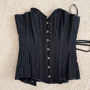 Steel Boned Black Satin Stripe Corset 24" EUC